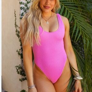 NWT BuddyLove Women Neon Pink  Crinkle One Piece Swimsuit Medium Scoop Back